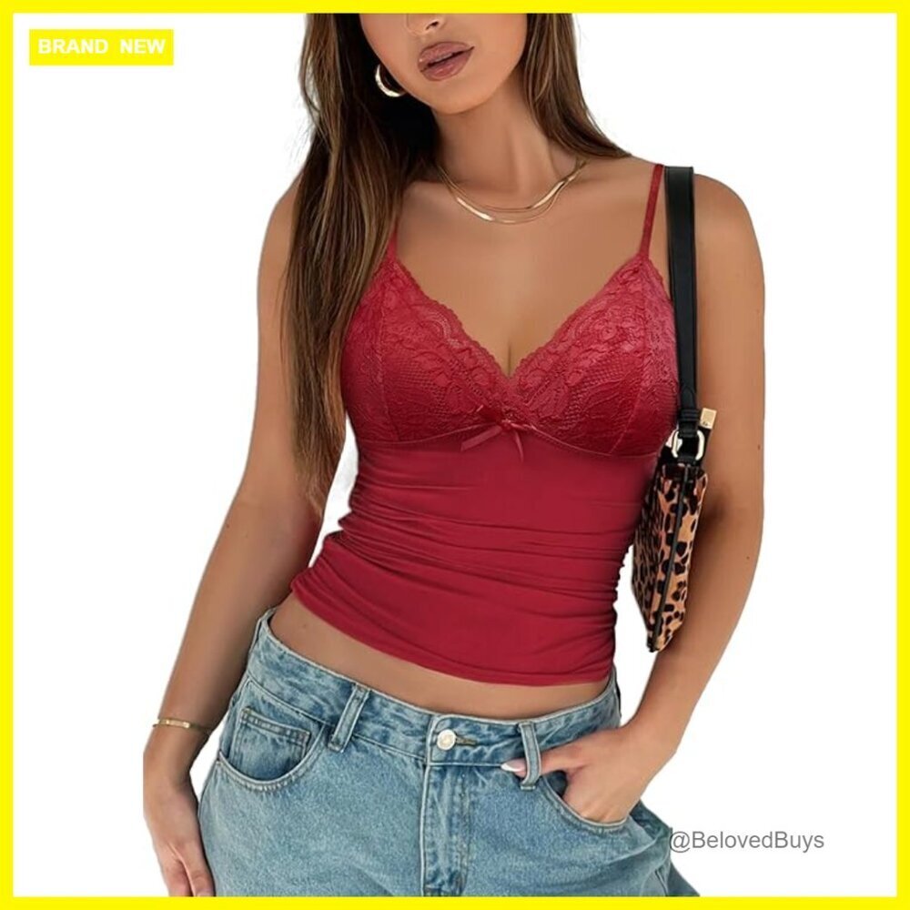 Spaghetti Strap Camisole Top Lace Y2K Bralette Slim Fit V-Neck Tank